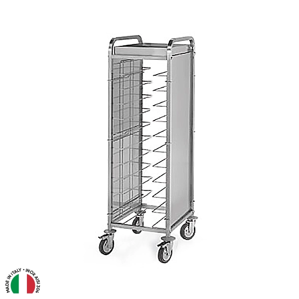 CARRELLO INOX A 11 VANI PER VASSOI SELF-SERVICE ( EN - GN 1/1) CON CHIUSURE LATERALI E BACINELLA PORTA BICCHIERI