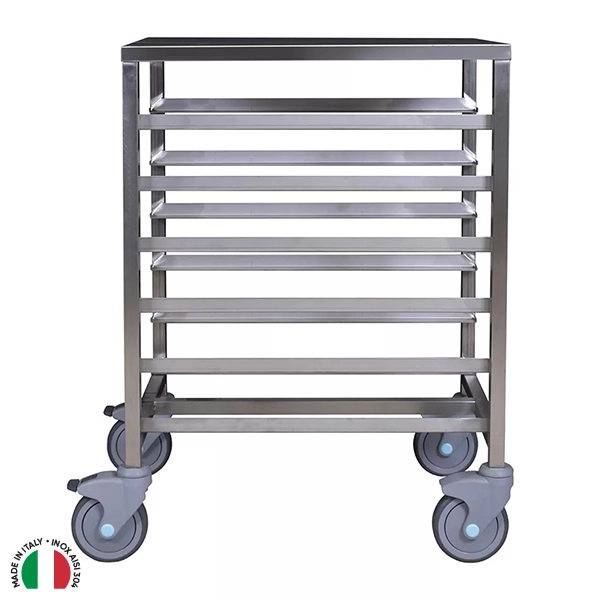 CARRELLO INOX A 6 VANI PER TEGLIE cm. 60x40 CON PIANO DI LAVORO